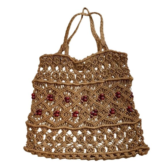 Vintage Handmade Crocheted Jute Handbag Woven Tote Bag Beaded Purse Bohemian - Picture 1 of 13